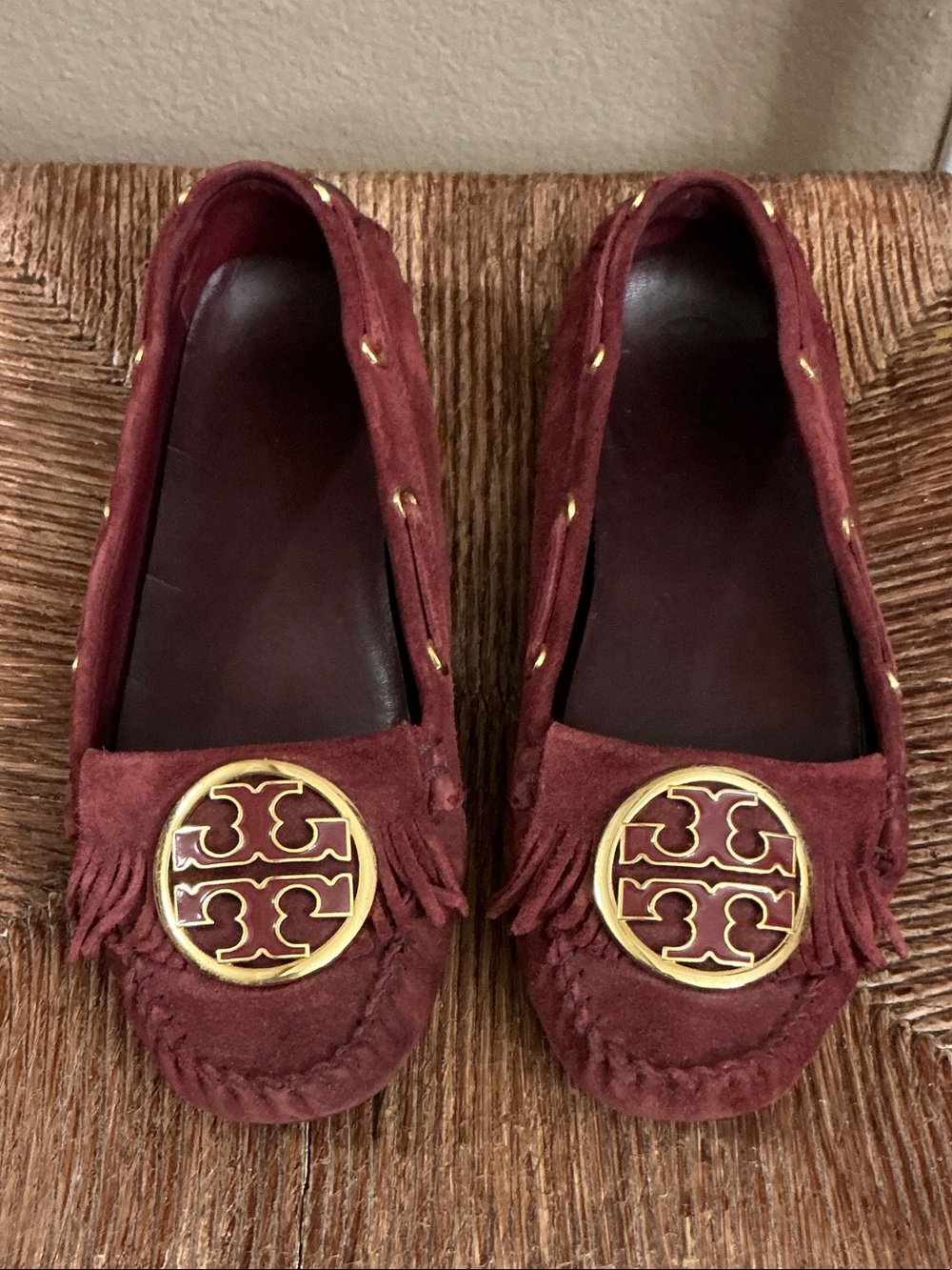 Tory Burch Burgundy Suede Fringe Logo Loafers